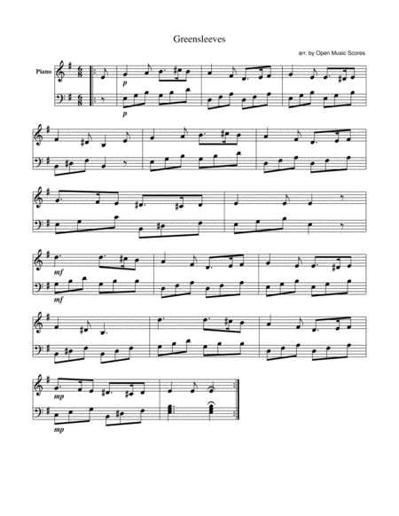 Greensleeves Easy Piano Sheet Music