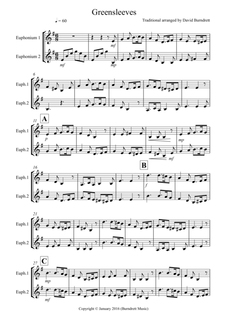 Greensleeves For Euphonium Duet Sheet Music