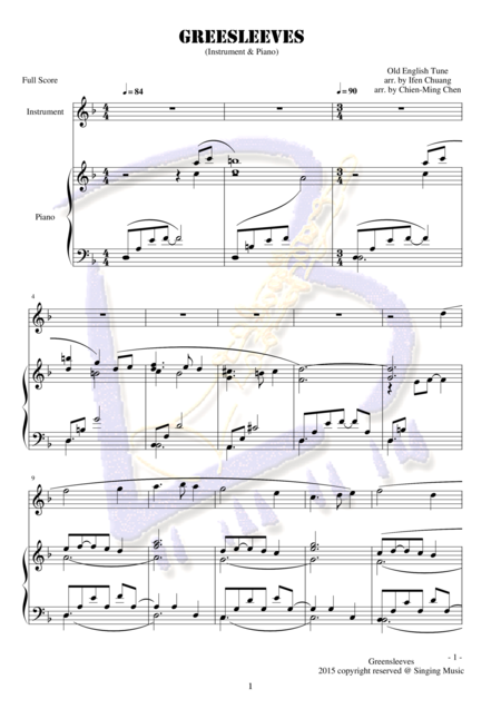 Free Sheet Music Greensleeves For Instrument And Piano