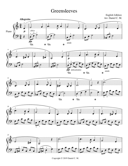 Greensleeves For Piano Easy Sheet Music