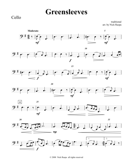 Greensleeves Variations Cello Part Sheet Music