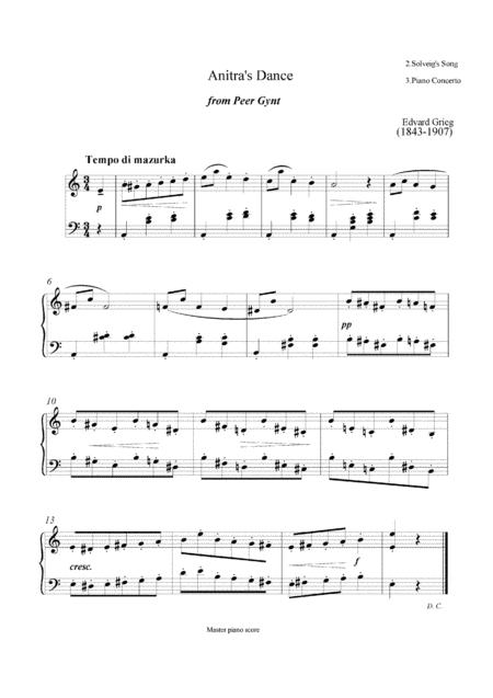 Grieg 3 Songs Easy Piano Arrangement Solveigs Song Anitras Dance Piano Concerto Sheet Music