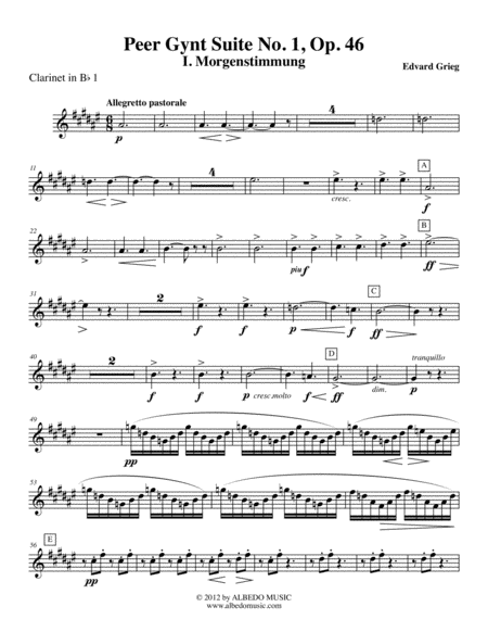 Free Sheet Music Grieg Peer Gynt Suite No 1 Clarinet In Bb 1 Transposed Part Op 46