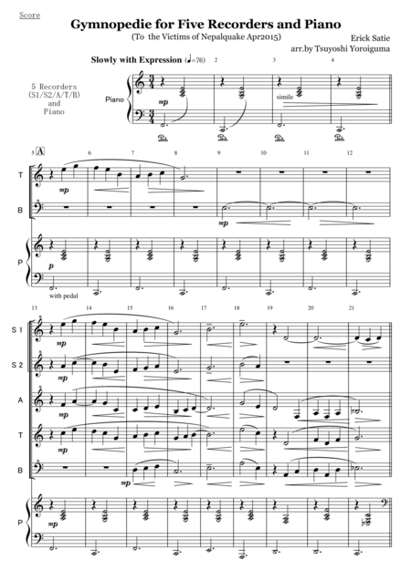 Gymnopedie For Five Recorders And Piano To The Victims Of Nepalquake Apr2015 Sheet Music