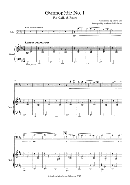 Free Sheet Music Gymnopedie No 1 For Cello And Piano