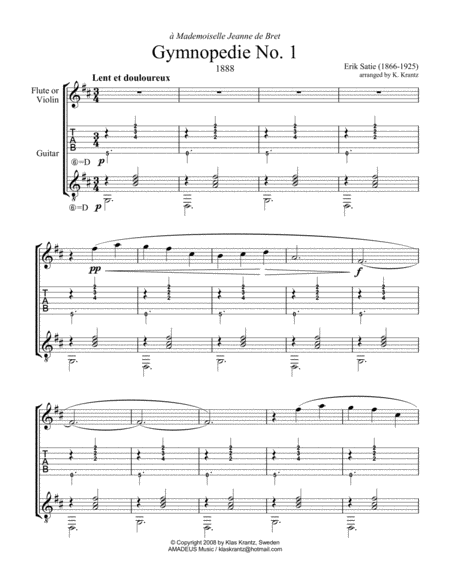 Gymnopedie No 1 For Flute Or Violin Cello Part And Guitar Tab Sheet Music