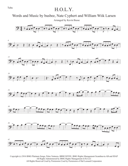 Free Sheet Music H O L Y Easy Key Of C Tuba