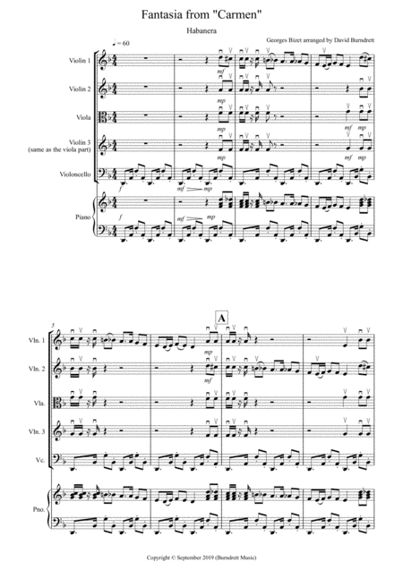 Habanera Fantasia From Carmen For String Quartet Sheet Music