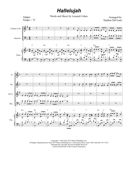 Free Sheet Music Hallelujah For Woodwind Quartet