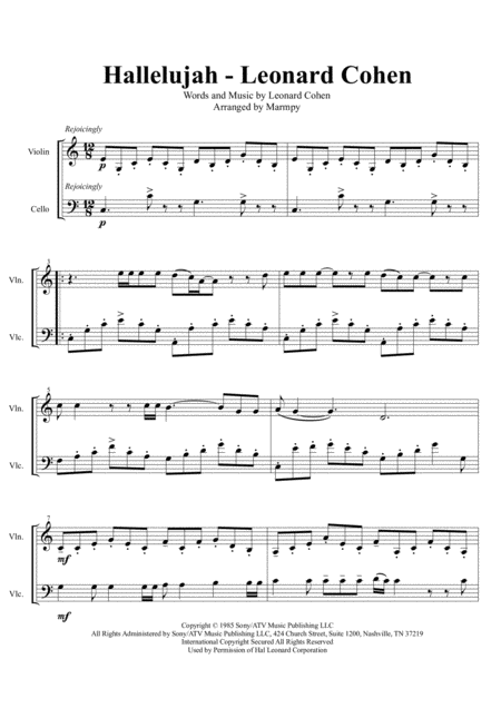 Hallelujah Leonard Cohen Arranged For String Duet Sheet Music