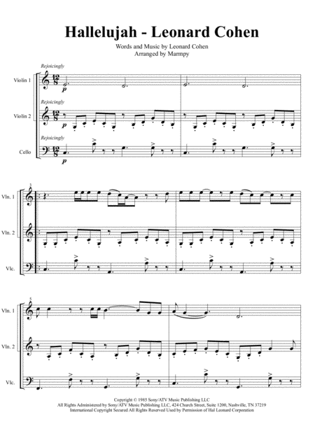 Hallelujah Leonard Cohen Arranged For String Trio Sheet Music