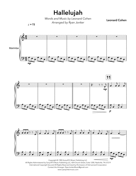 Hallelujah Leonard Cohen For Solo Marimba Sheet Music