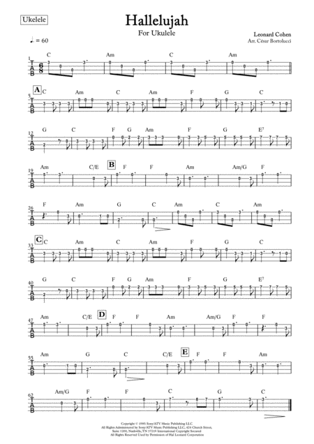 Free Sheet Music Hallelujah Ukulele Tablature