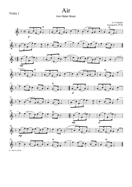 Handel Aria From Water Music For String Quartet Ch105 Sheet Music