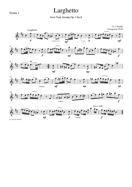 Handel Larghetto From Flute Sonata Op 1 No 9 For String Quartet Ch110 Sheet Music