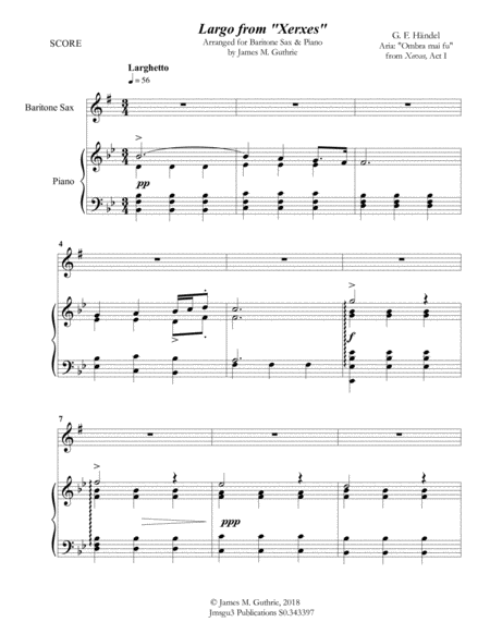 Handel Largo From Xerxes For Baritone Sax Piano Sheet Music