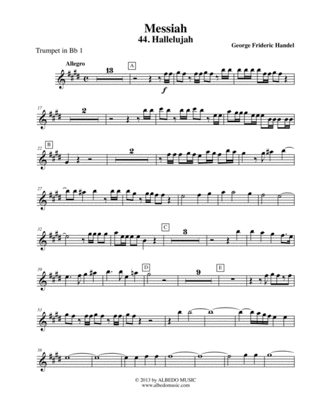 Handel Messiah 44 Hallelujah Trumpet In Bb 1 Transposed Part Hwv 56 Sheet Music