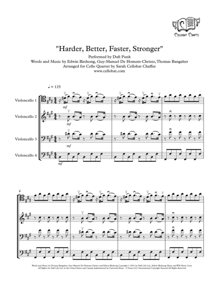 Harder Better Faster Stronger Cello Quartet Daft Punk Arr Cellobat Recording Available Sheet Music