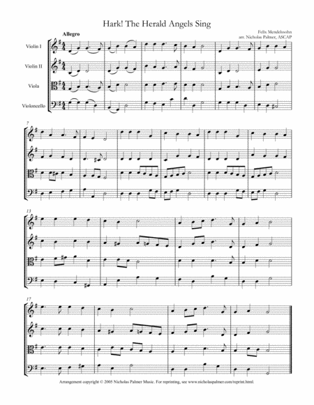 Hark The Herald Angels Sing Easy String Quartet Sheet Music