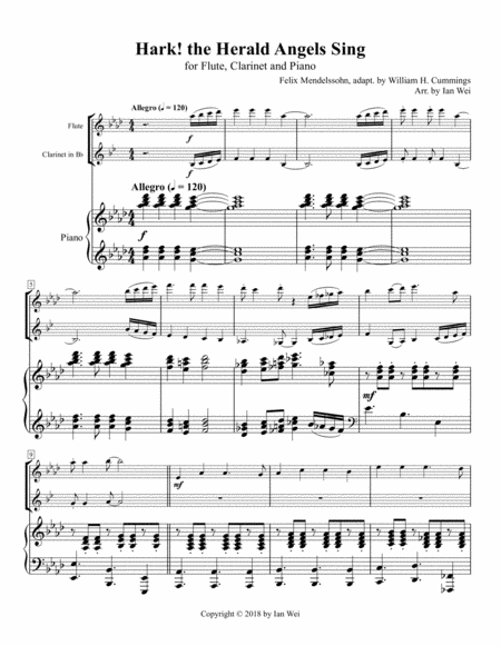 Free Sheet Music Hark The Herald Angels Sing For Flute Clarinet And Piano