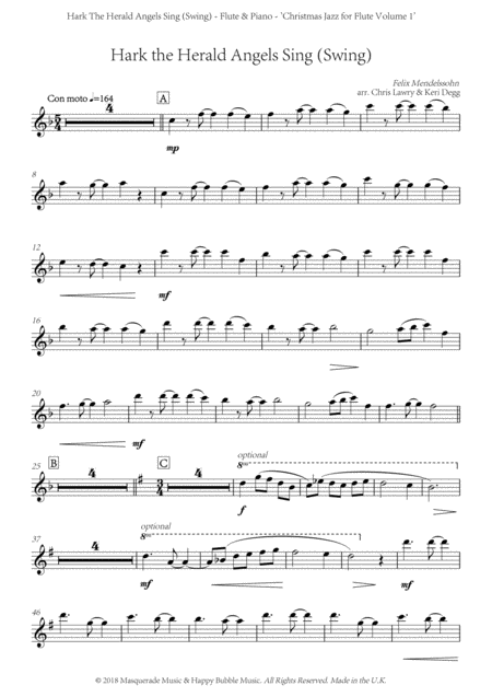 Hark The Herald Angels Sing Swing A Funky 5 4 Arrangement With Flute Solo Notated For Flute In C And Piano Includes Free Demo And Backing Tracks On Re Sheet Music