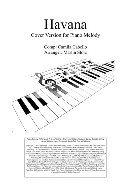 Havana Cover Version For Piano Melody Sheet Music