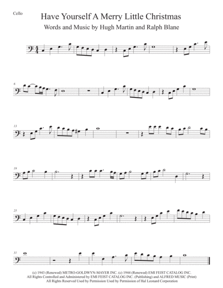 Have Yourself A Merry Little Christmas Easy Key Of C Cello Sheet Music