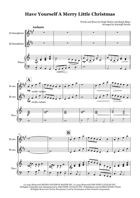 Free Sheet Music Have Yourself A Merry Little Christmas Solo Saxophone In Eb Bb With Piano