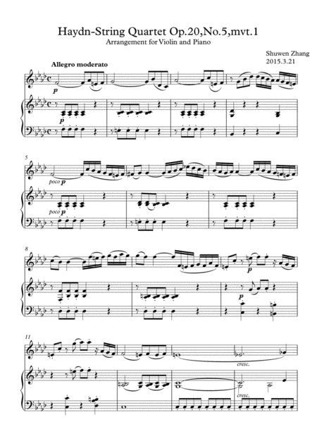 Haydn String Quartet Op 20 No 5 Mvt 1 For Violin And Piano Sheet Music