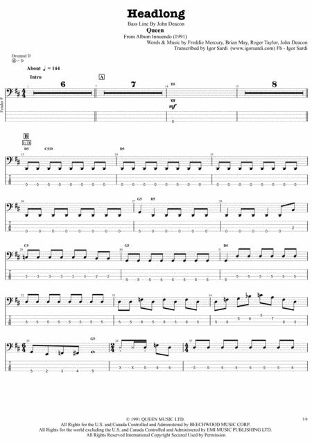 Headlong Queen John Deacon Complete And Accurate Bass Transcription Whit Tab Sheet Music