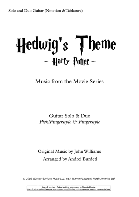Free Sheet Music Hedwigs Theme From Harry Potter Easy Solo And Duo Guitar