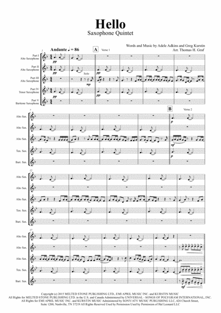 Hello Adele Saxophone Quintet Sheet Music