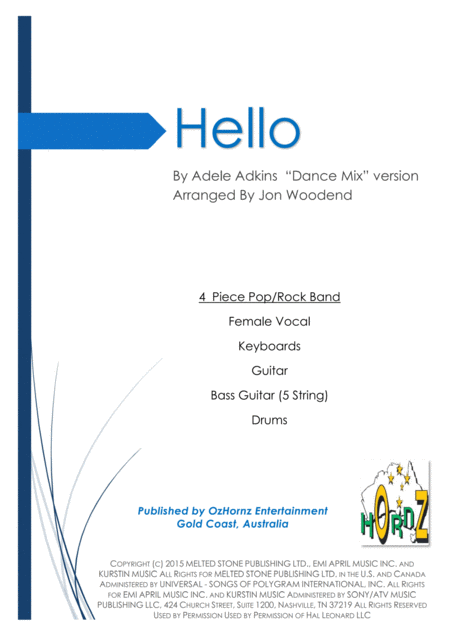 Free Sheet Music Hello Dance Mix Version 4 Piece Pop Rock Band