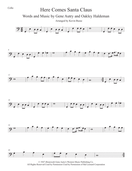 Here Comes Santa Claus Easy Key Of C Cello Sheet Music