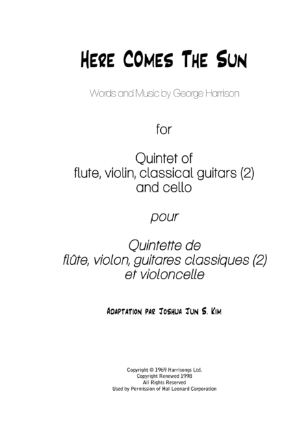 Here Comes The Sun For Quintet Of Flute Violin 2 Guitars And Cello Sheet Music