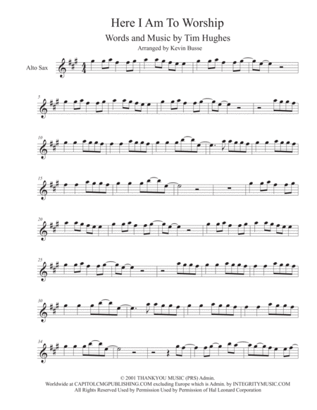 Here I Am To Worship Alto Sax Sheet Music