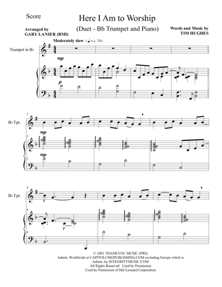 Free Sheet Music Here I Am To Worship Duet Bb Trumpet And Piano Score And Parts