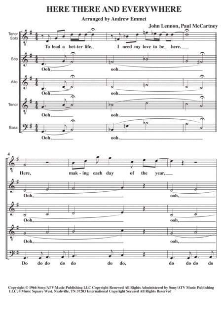 Free Sheet Music Here There And Everywhere A Cappella