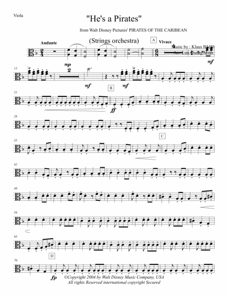 Hes A Pirates From Pirates Of The Caribbean The Curse Of The Black Pearl Viola Sheet Music