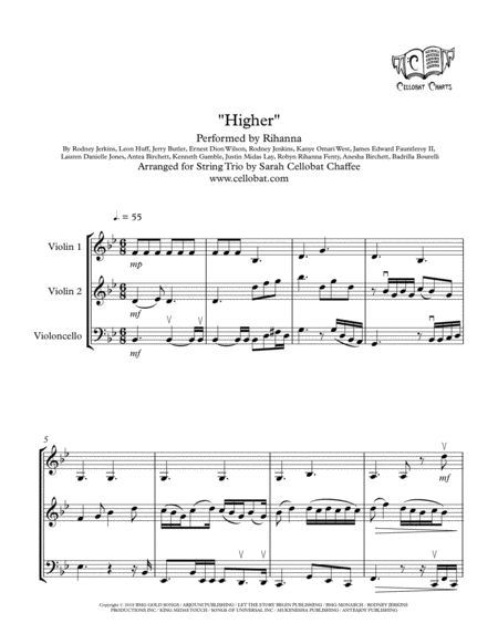 Higher String Trio 2 Violins Cello Rihanna Arr Cellobat Sheet Music