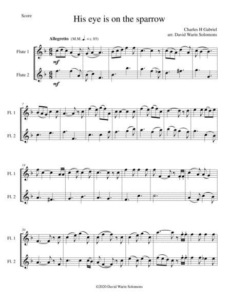 His Eye Is On The Sparrow Arranged For 2 Flutes Sheet Music