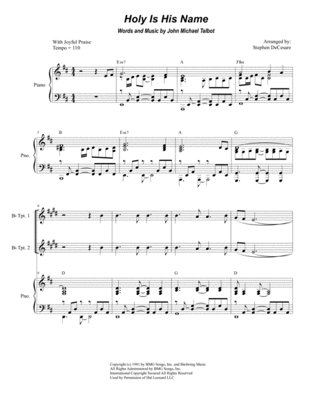 Free Sheet Music Holy Is His Name For Brass Quartet And Piano Alternate Version