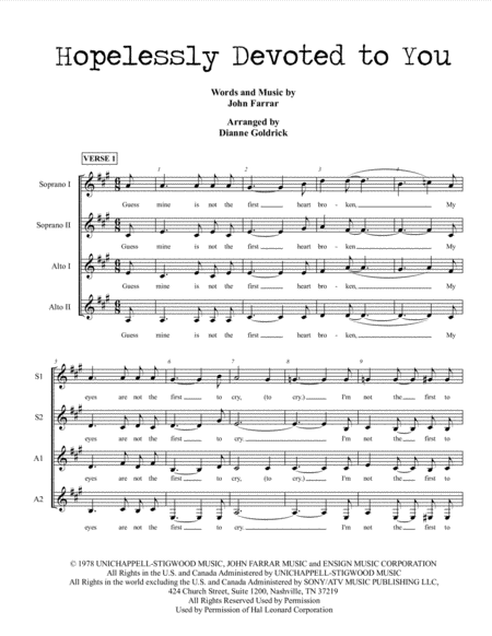 Free Sheet Music Hopelessly Devoted To You Ssaa A Cappella