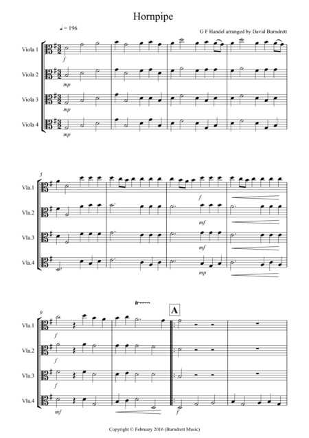 Free Sheet Music Hornpipe From Handels Water Music For Viola Quartet