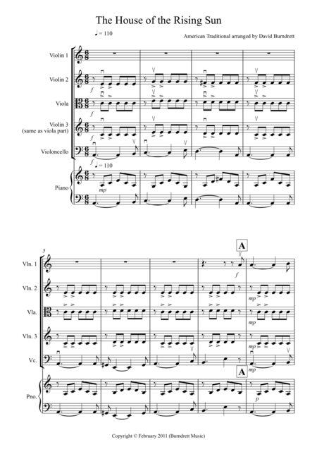 Free Sheet Music House Of The Rising Sun For String Quartet