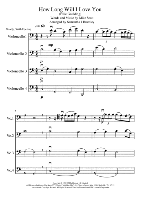 How Long Will I Love You For Cello Quartet Sheet Music