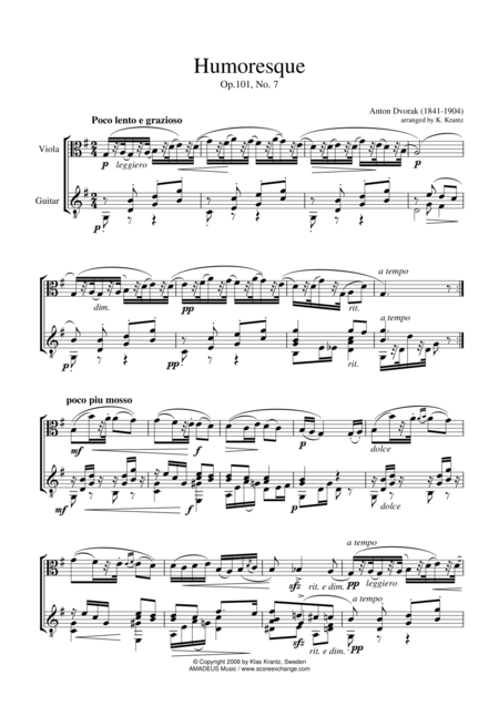 Free Sheet Music Humoresque For Viola And Guitar