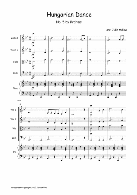 Hungarian Dance No 5 By Brahms For Junior String Quartet Sheet Music