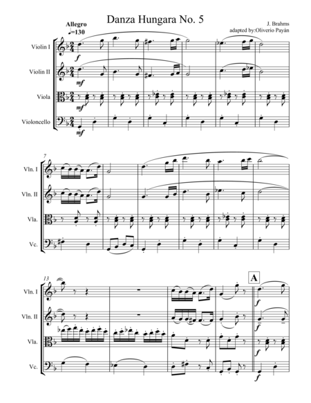 Free Sheet Music Hungarian Dance No 5 By J Brahms For String Quartet