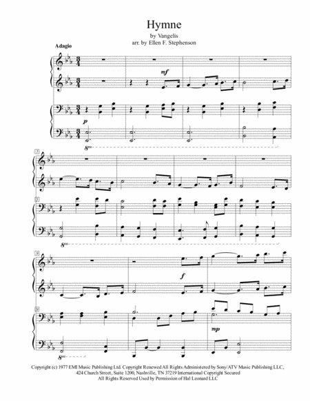 Hymne By Vangelis Piano Duet Sheet Music